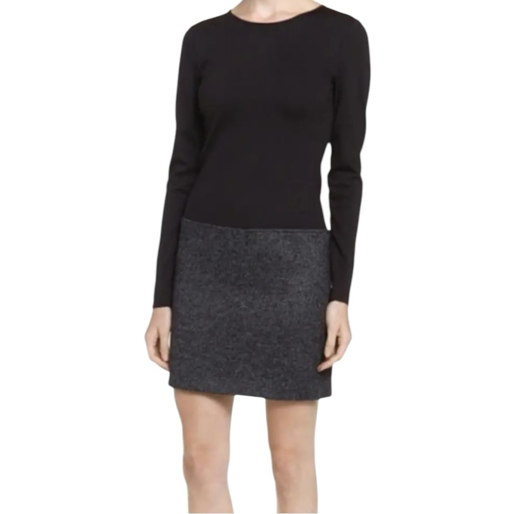 Theory Black Long-Sleeve Sweater Dress with Charcoal Skirt